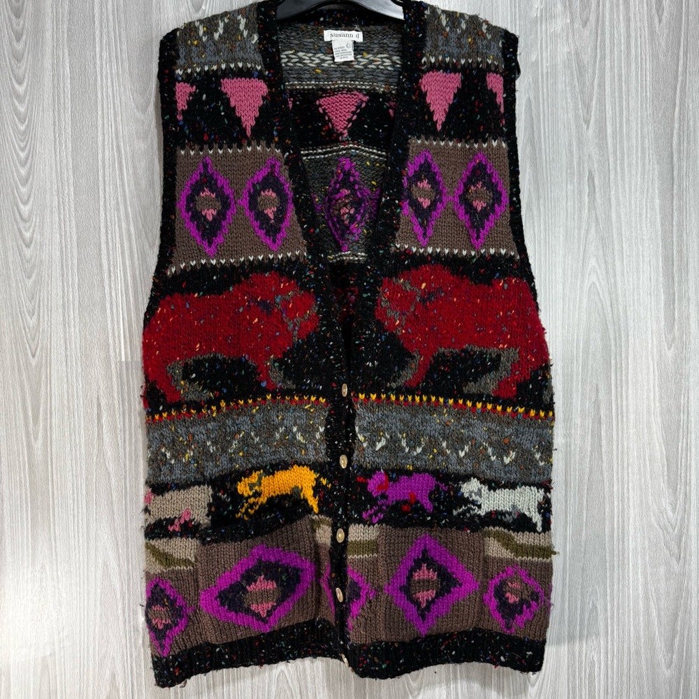 Vintage Susan D‎ Wool Sweater Vest Colorful Animal Geometric Print Indie Sz L
